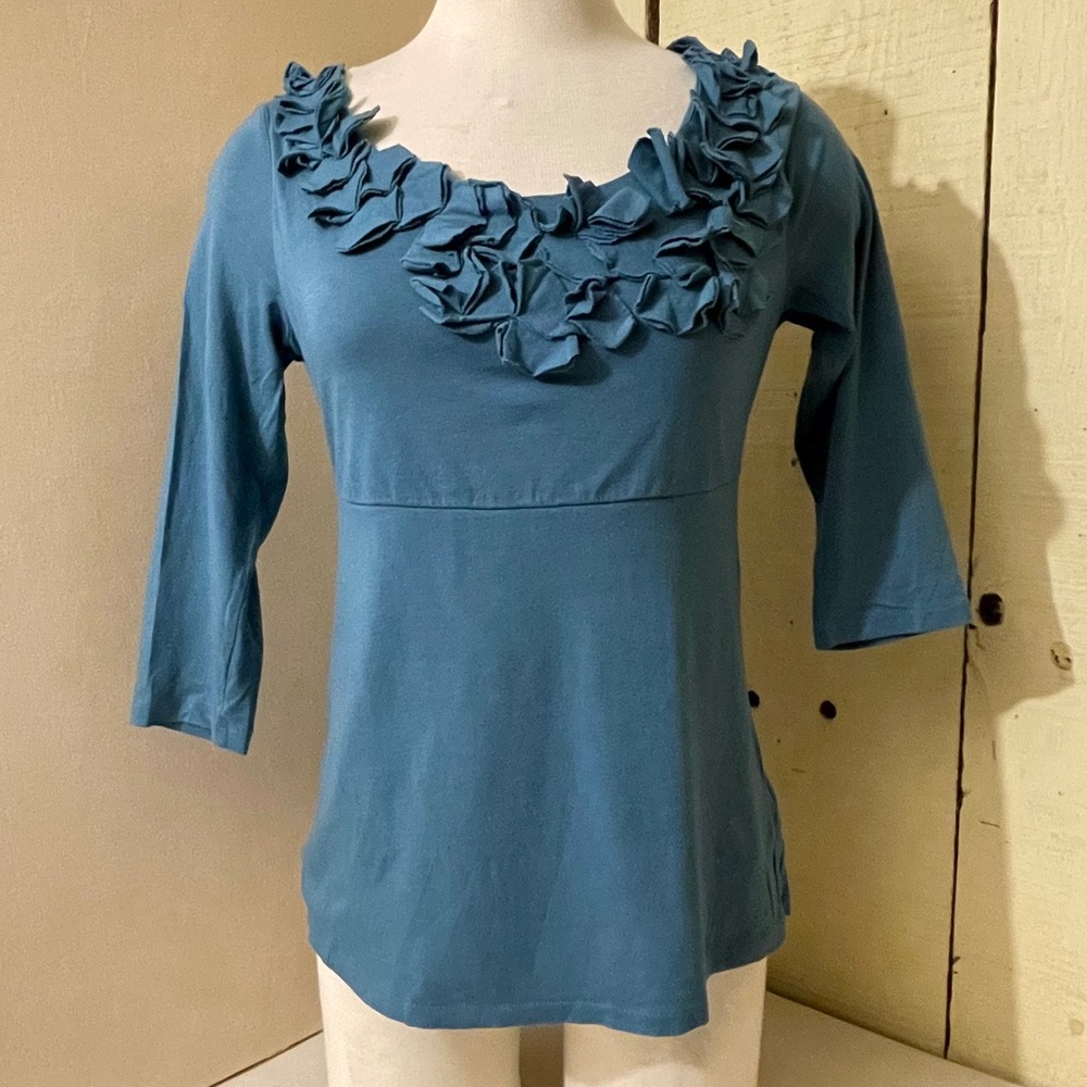 Boden Womens Size 6 Teal Blue Ruffle Neck 3/4 Sleeve Modal Cotton Top Shirt